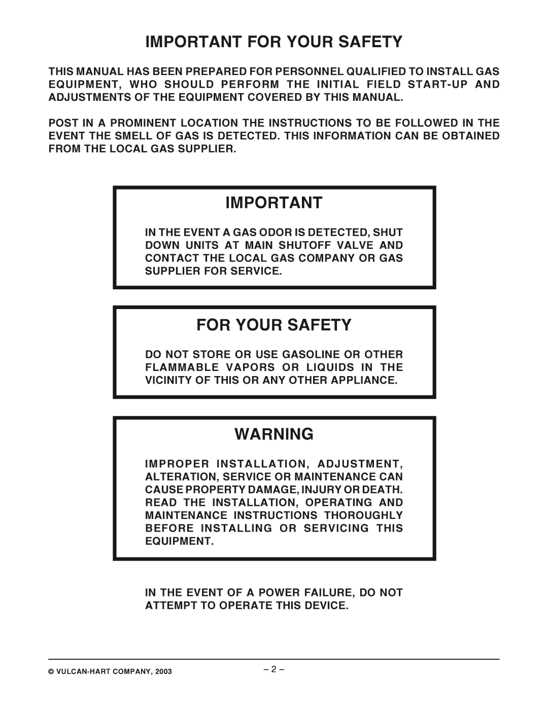 Vulcan-Hart GRD35 ML-052080, GRD85 ML-052306, GRC85 ML-052307, GRC45F ML-12 Important for Your Safety, For Your Safety 