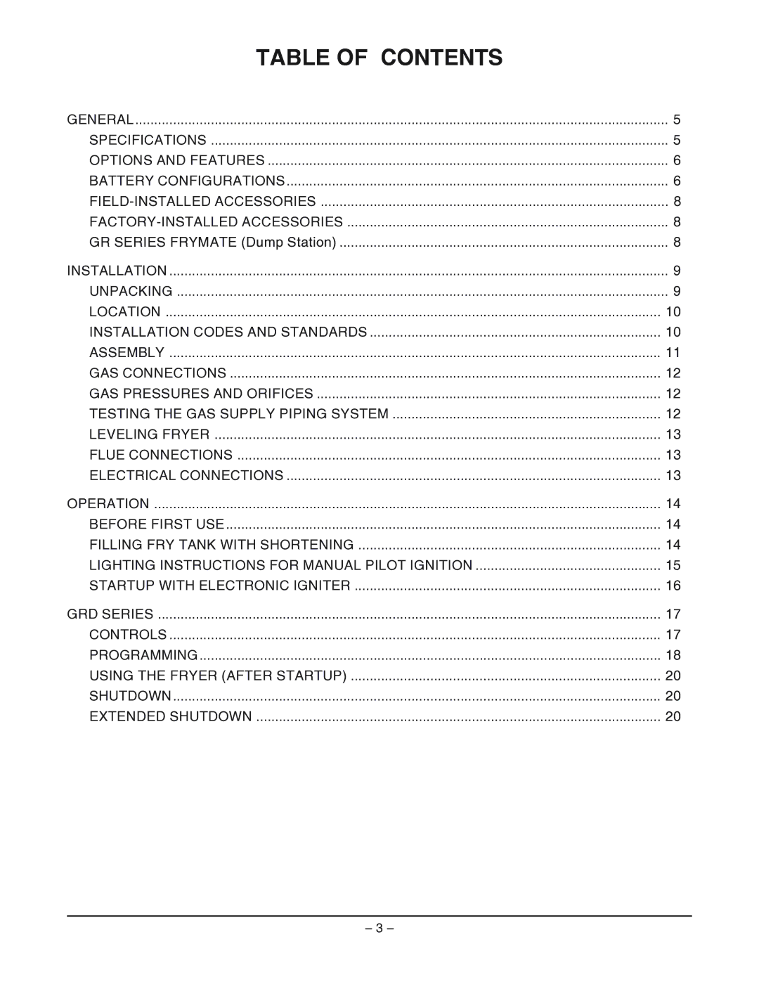 Vulcan-Hart GRC45F ML-12, GRD85 ML-052306, GRC85 ML-052307, GRD35 ML-052080, GRD45 ML-052081 operation manual Table of Contents 