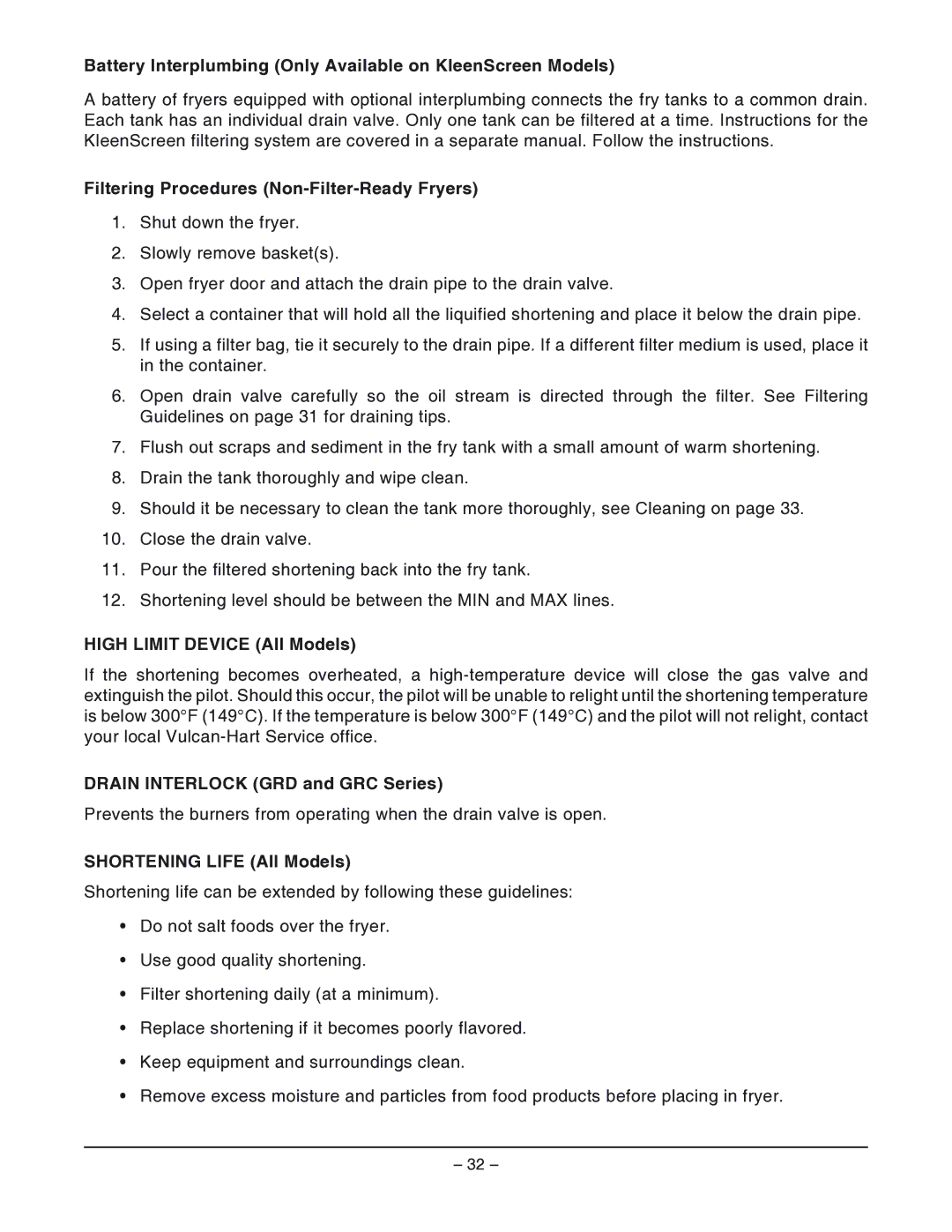Vulcan-Hart Battery Interplumbing Only Available on KleenScreen Models, Filtering Procedures Non-Filter-Ready Fryers 