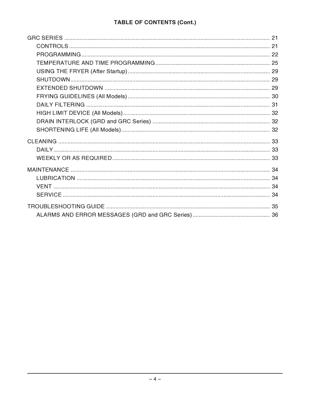 Vulcan-Hart GRD45 ML-052081, GRD85 ML-052306, GRC85 ML-052307, GRD35 ML-052080, GRC45F ML-12 operation manual Table of Contents 