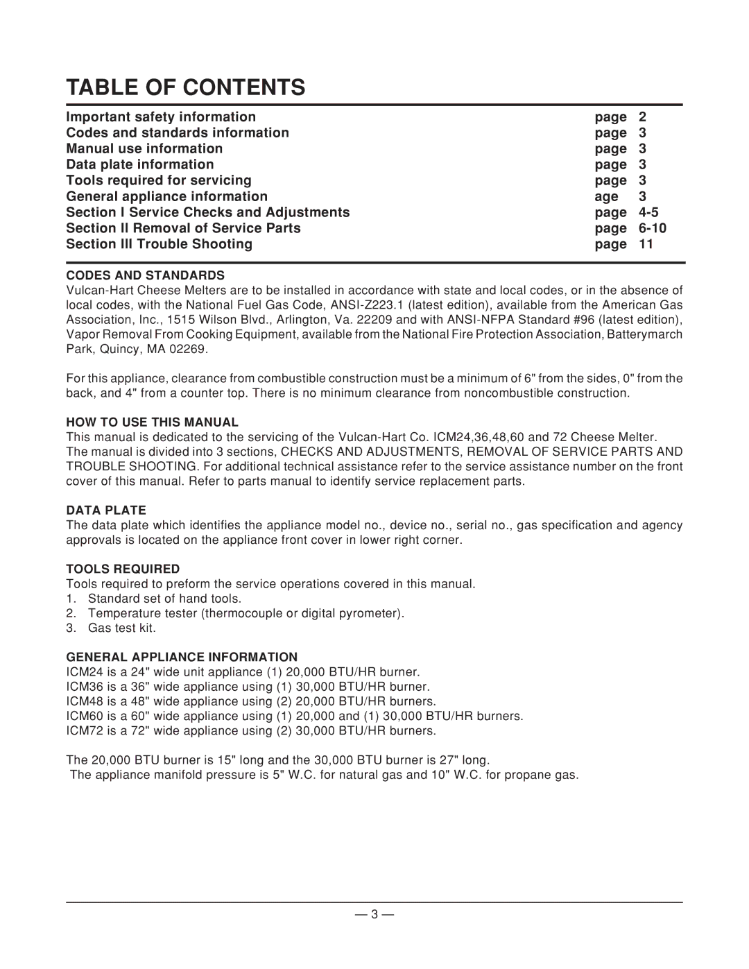 Vulcan-Hart ICM48, ICM24, ICM36, ICM60, ICM72 service manual Table of Contents 