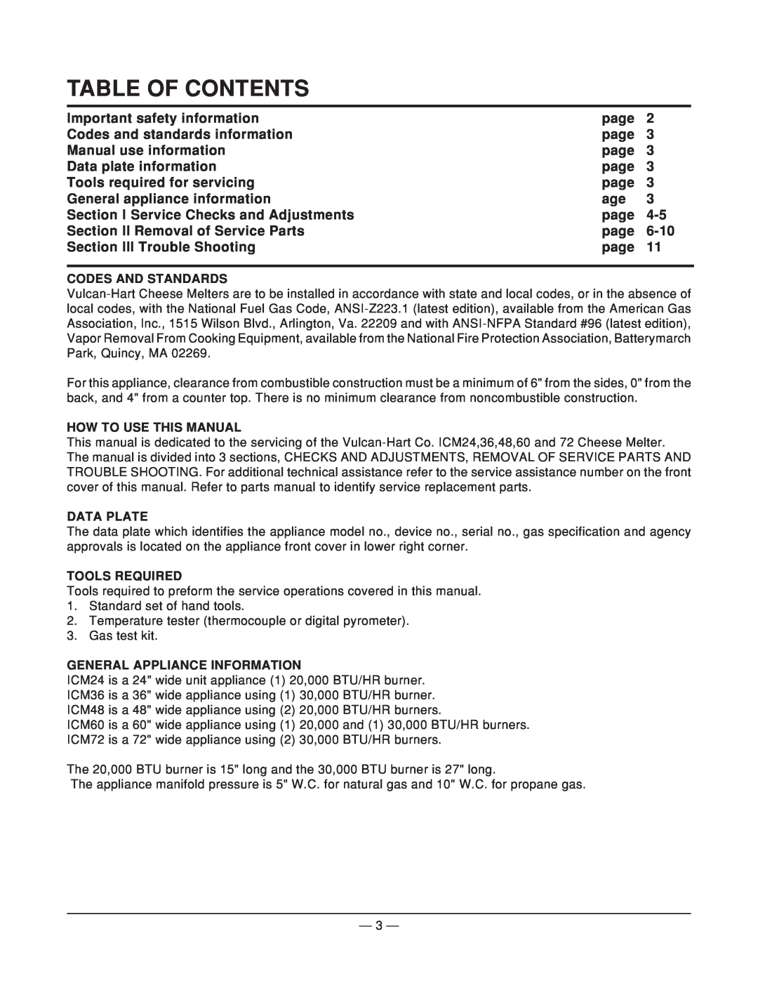 Vulcan-Hart ICM48, ICM24, ICM36, ICM60, ICM72 service manual Table Of Contents 