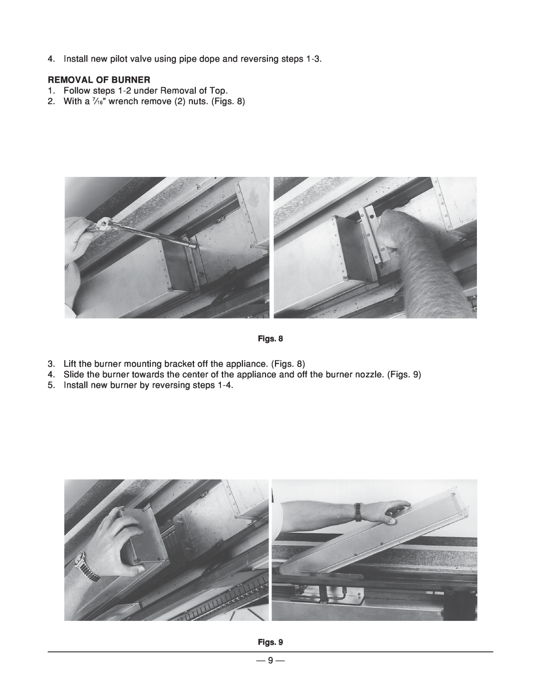 Vulcan-Hart ICM72, ICM24 Removal Of Burner, Follow steps 1-2under Removal of Top, With a 7⁄16 wrench remove 2 nuts. Figs 