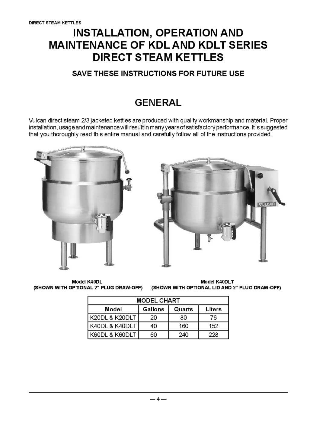 Vulcan-Hart K60DLT, K40DLT, K20DLT operation manual General, Model Chart, Quarts Liters 