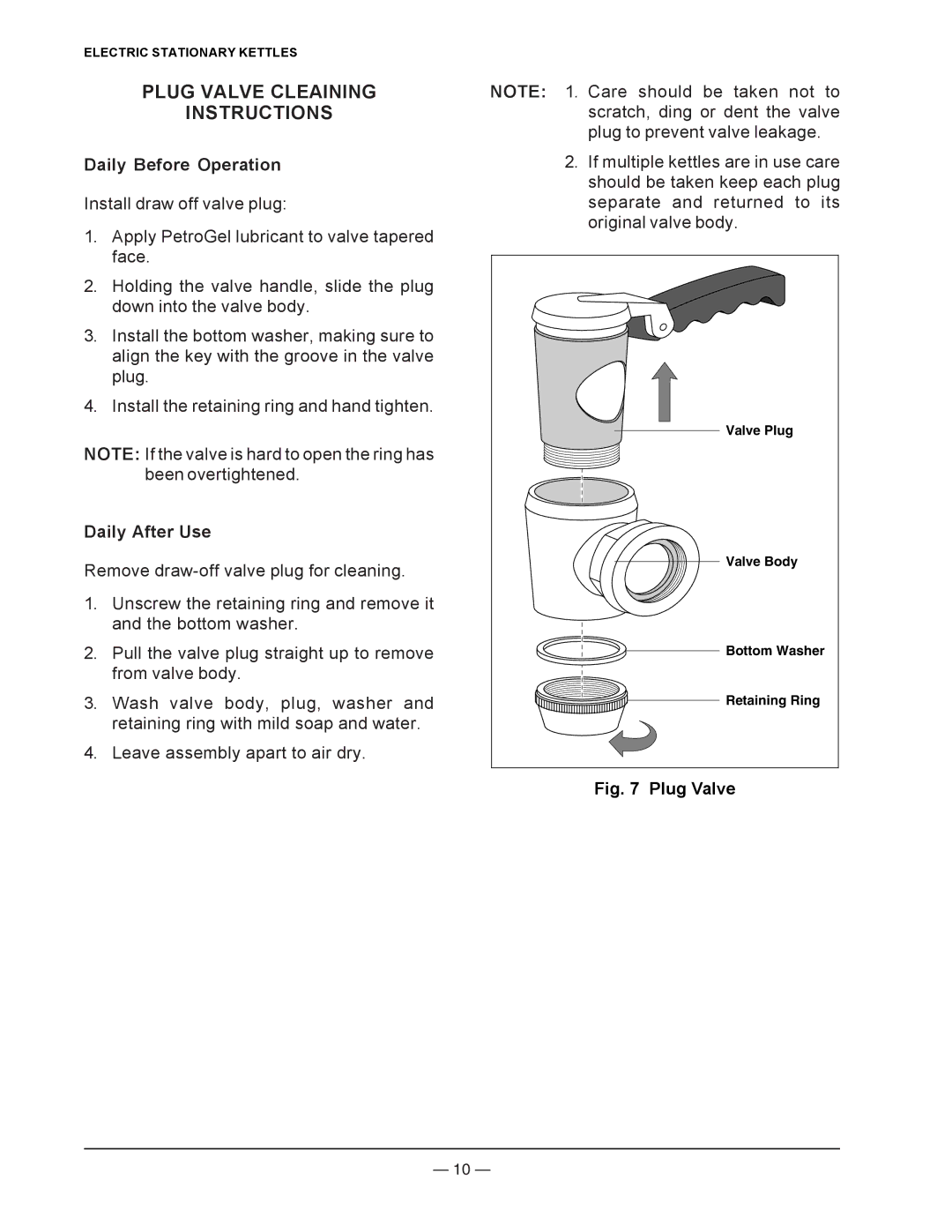 Vulcan-Hart K20ETL, K60ETL, K40ETL, K40EL, K60EL, K20EL operation manual Plug Valve Cleaining Instructions 