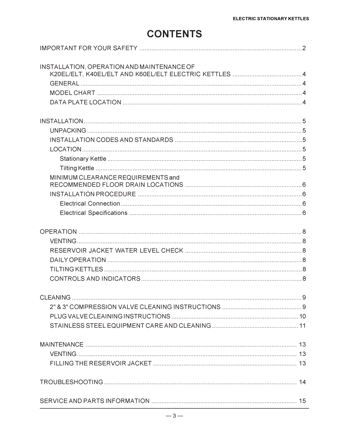 Vulcan-Hart K60EL, K60ETL, K40ETL, K40EL, K20ETL, K20EL operation manual Contents 