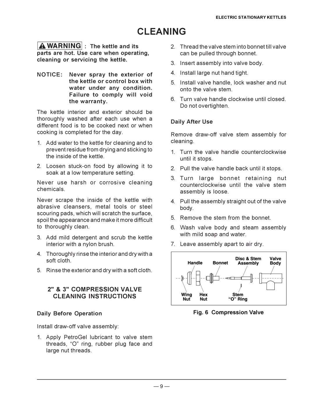 Vulcan-Hart K60EL, K60ETL, K40ETL Compression Valve Cleaning Instructions, Daily Before Operation, Daily After Use 