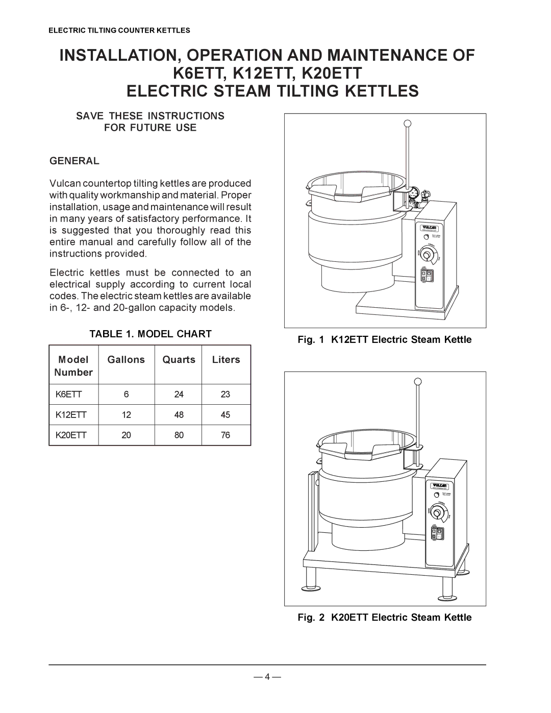 Vulcan-Hart K20ETT, K6ETT, K12ETT operation manual For Future USE General, Model Chart 