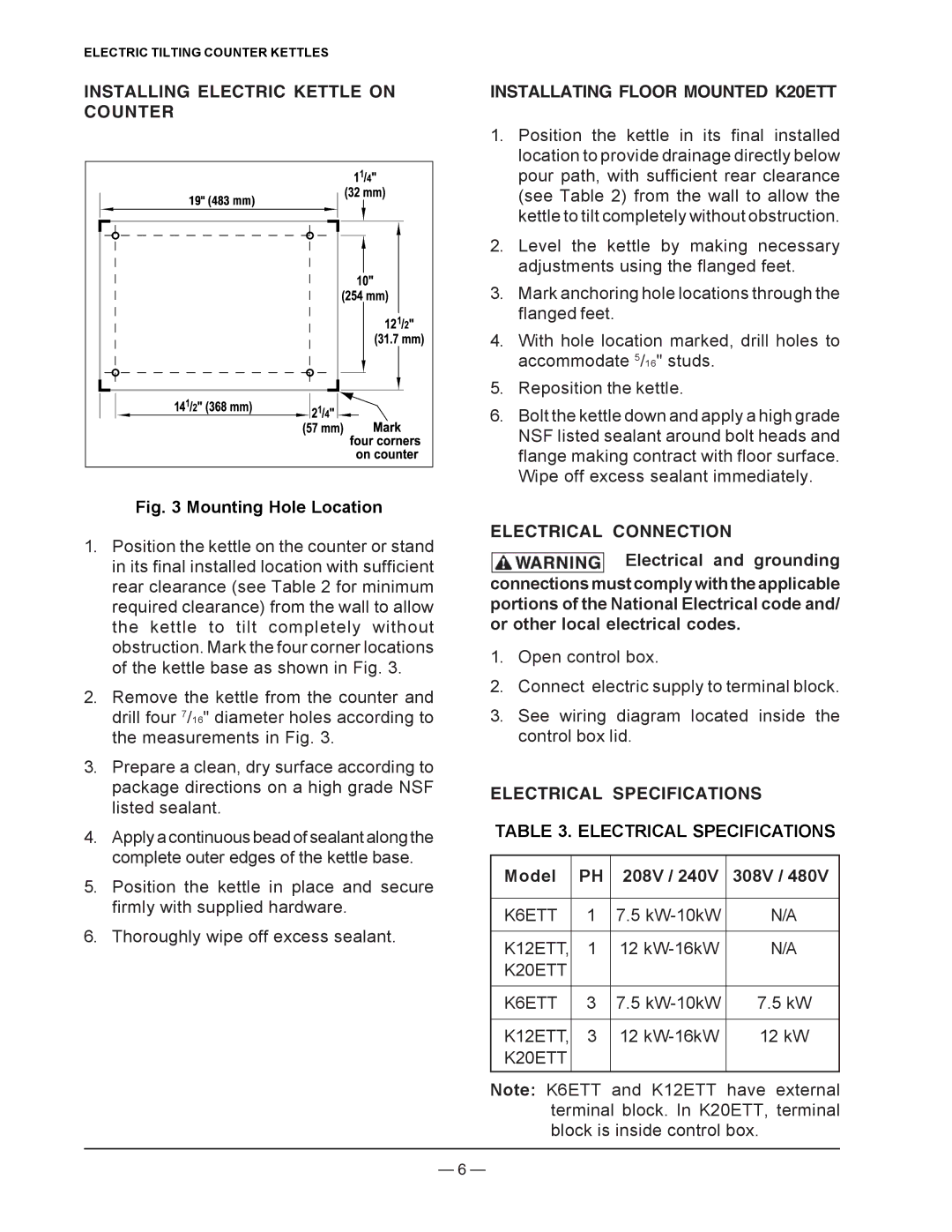 Vulcan-Hart K6ETT, K12ETT Installing Electric Kettle on Counter, Installating Floor Mounted K20ETT, Electrical Connection 