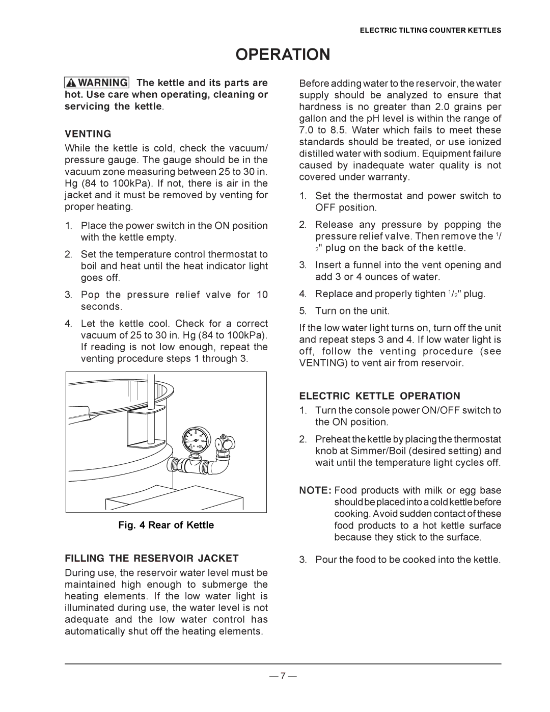 Vulcan-Hart K20ETT, K6ETT, K12ETT operation manual Venting, Filling the Reservoir Jacket, Electric Kettle Operation 