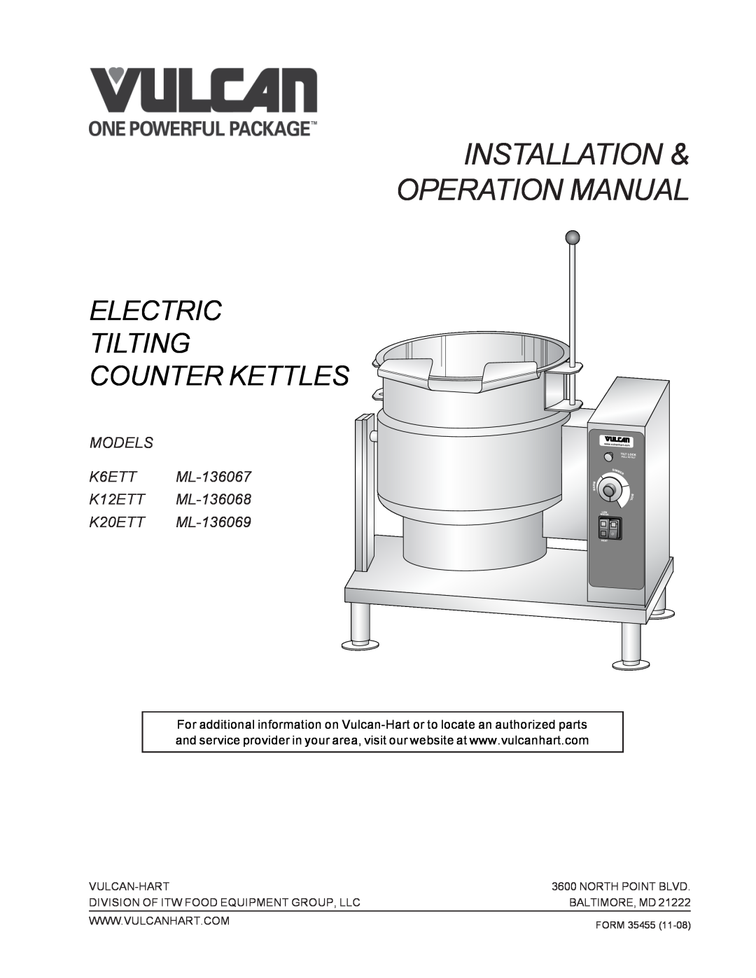 Vulcan-Hart K20ETT operation manual Electric Tilting Counter Kettles, Vulcan-Hart, North Point Blvd, Baltimore, Md, Form 