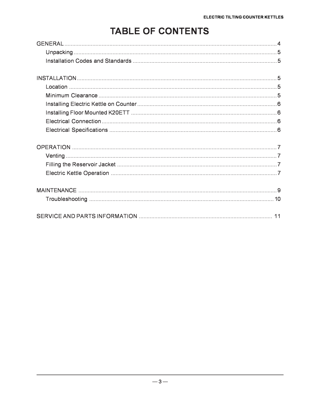 Vulcan-Hart K6ETT, K20ETT, K12ETT operation manual Table Of Contents 