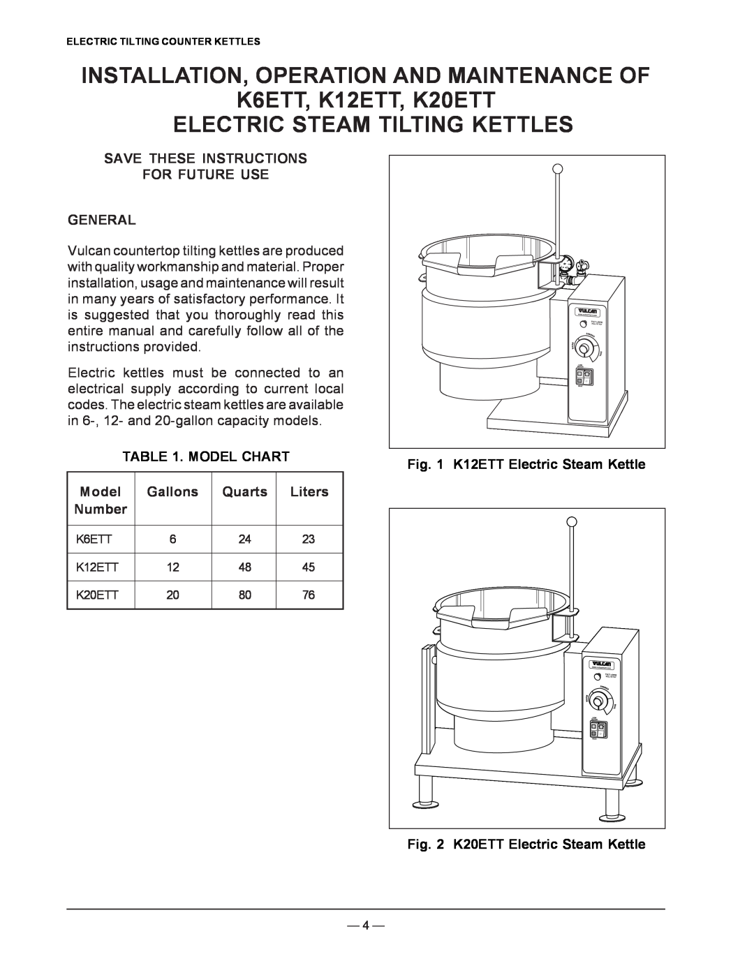 Vulcan-Hart INSTALLATION, OPERATION AND MAINTENANCE OF K6ETT, K12ETT, K20ETT, Electric Steam Tilting Kettles 