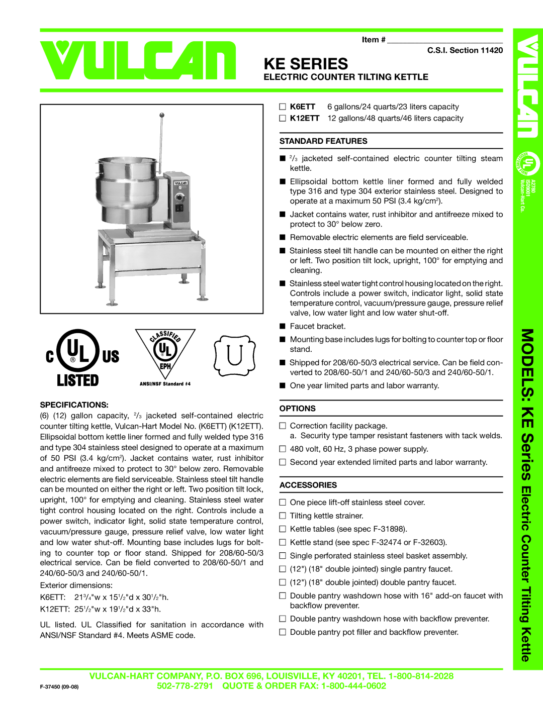 Vulcan-Hart KE SERIES specifications KE Series, Electric Counter Tilting Kettle 