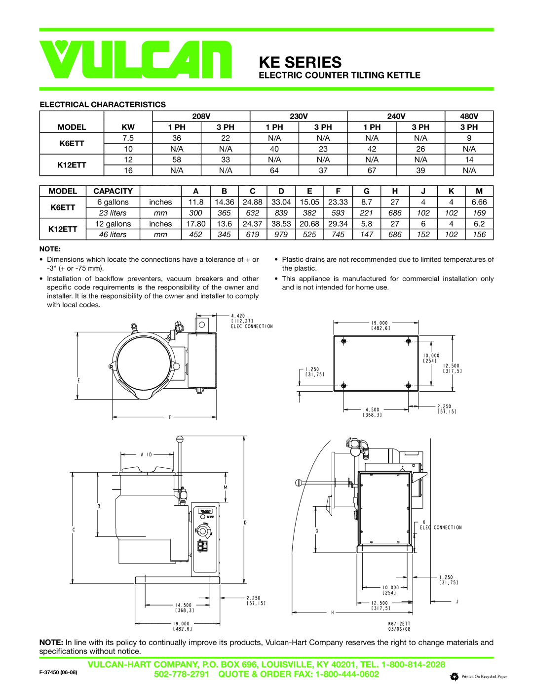 Vulcan-Hart KE SERIES specifications Electrical Characteristics, Model K6ETT K12ETT Capacity 