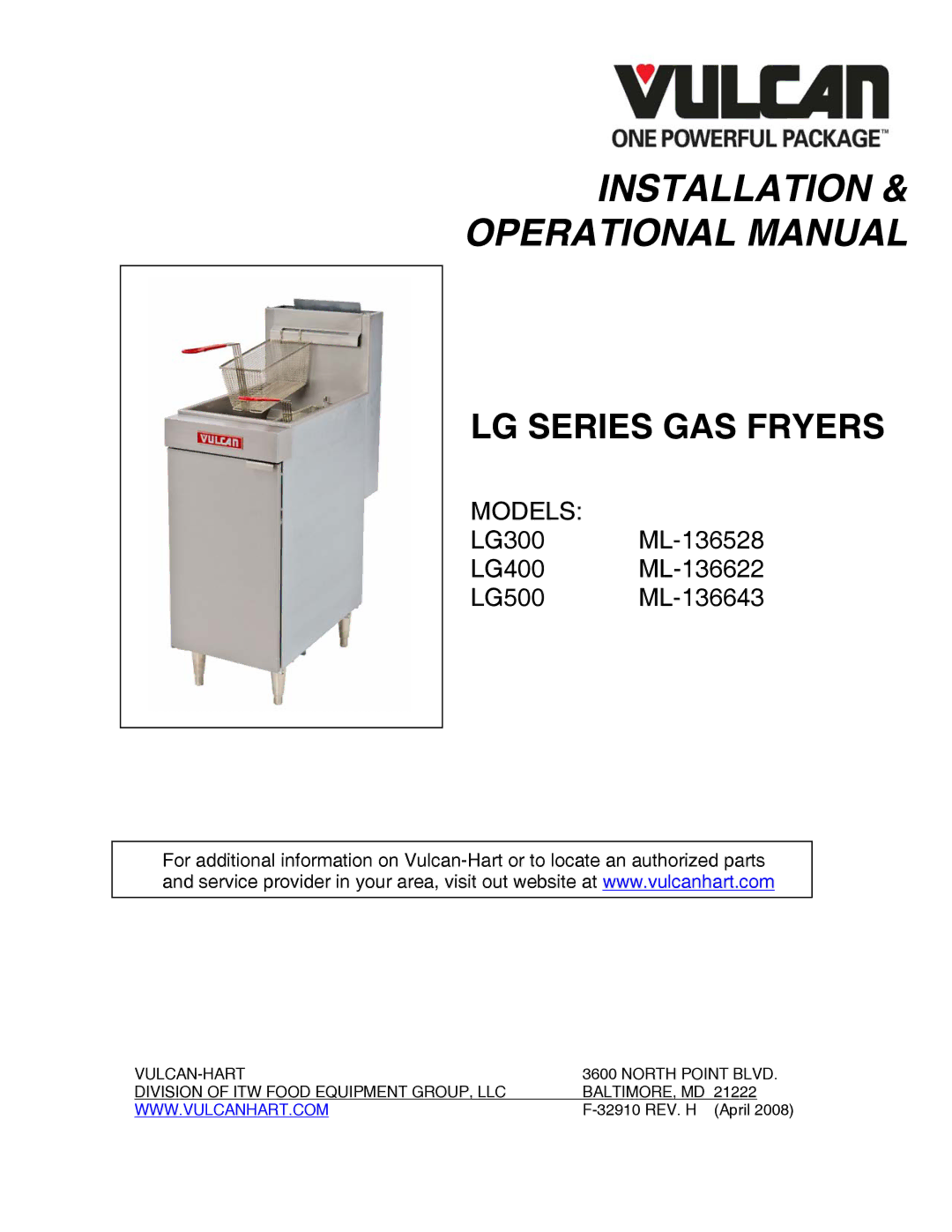 Vulcan-Hart LG300, LG500, LG400 manual Installation Operational Manual 