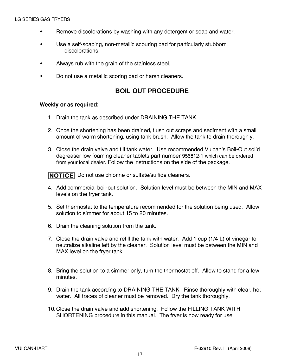 Vulcan-Hart LG400, LG500, LG300 manual Boil OUT Procedure, Weekly or as required 