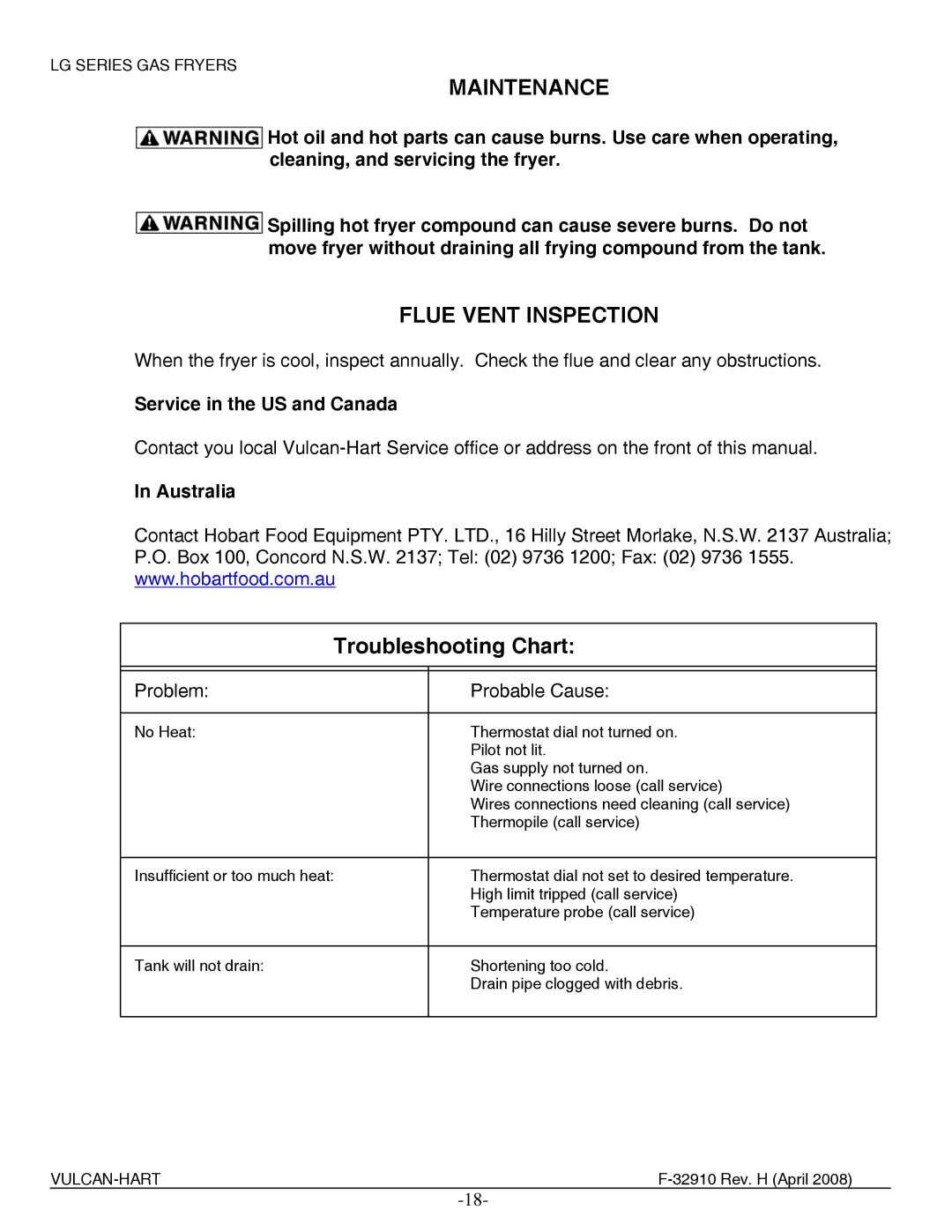 Vulcan-Hart LG500, LG300, LG400 manual Maintenance, Flue Vent Inspection, Service in the US and Canada, Australia 