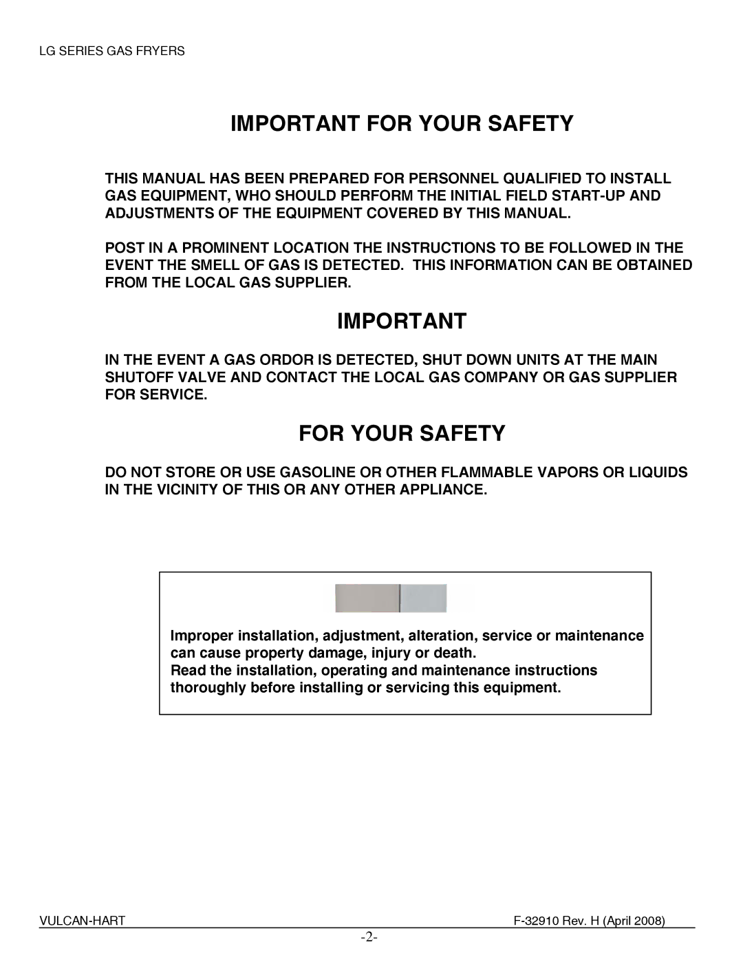 Vulcan-Hart LG400, LG500, LG300 manual Important for Your Safety 