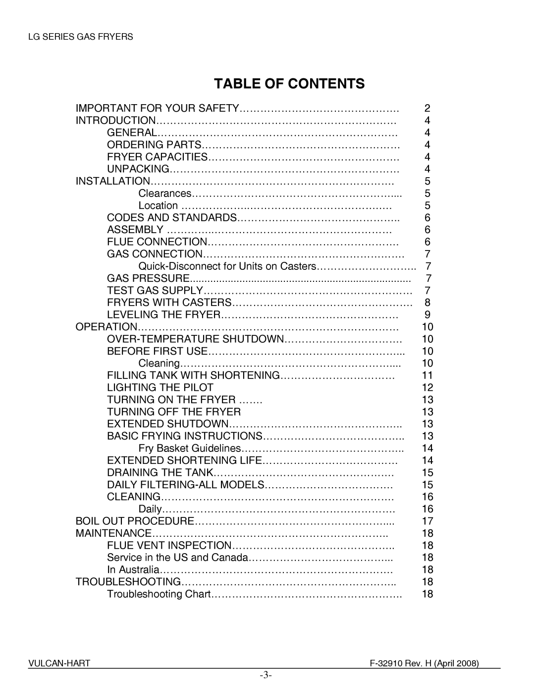 Vulcan-Hart LG500, LG300, LG400 manual Table of Contents 