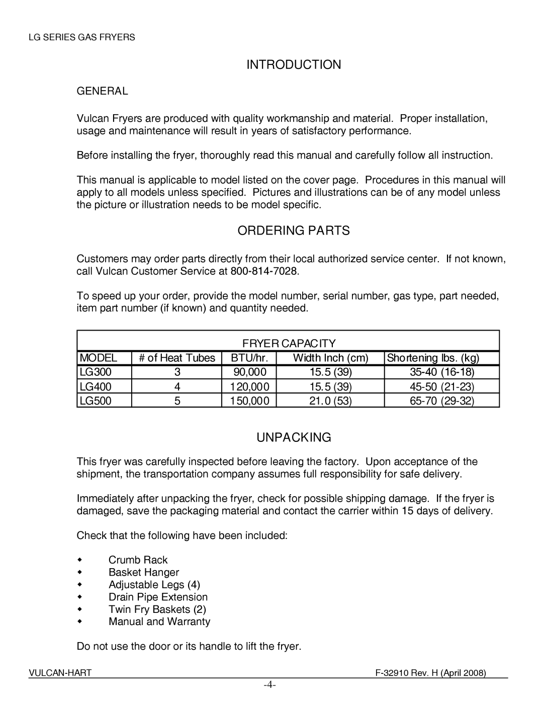 Vulcan-Hart LG300, LG500, LG400 manual Introduction, Ordering Parts, Unpacking 