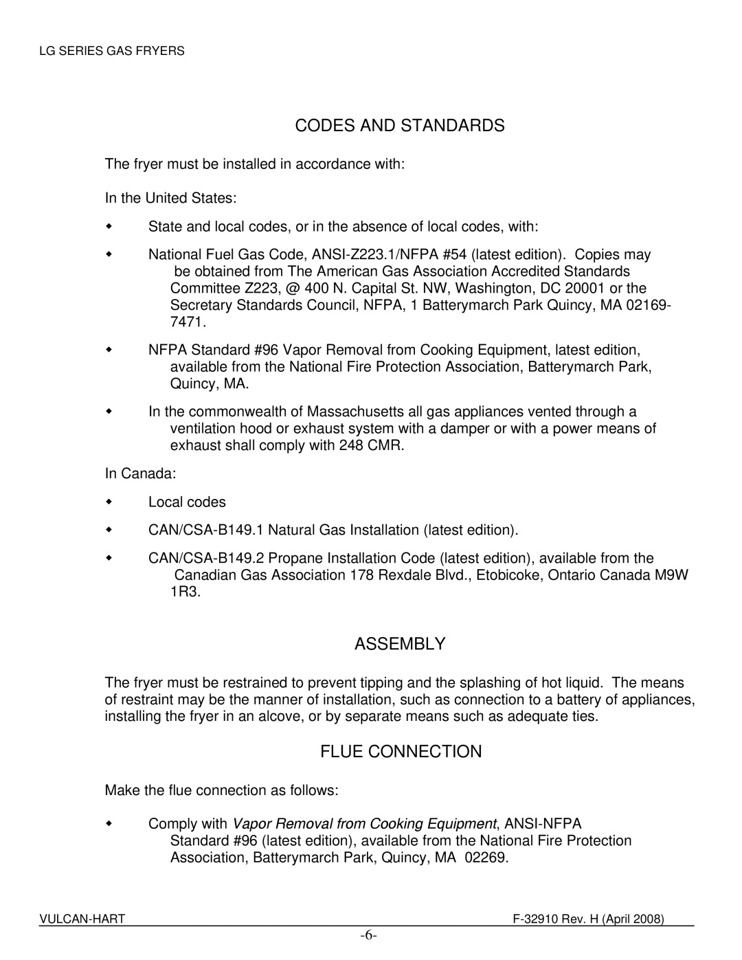 Vulcan-Hart LG500, LG300, LG400 manual Codes and Standards, Assembly, Flue Connection, United States, Canada 