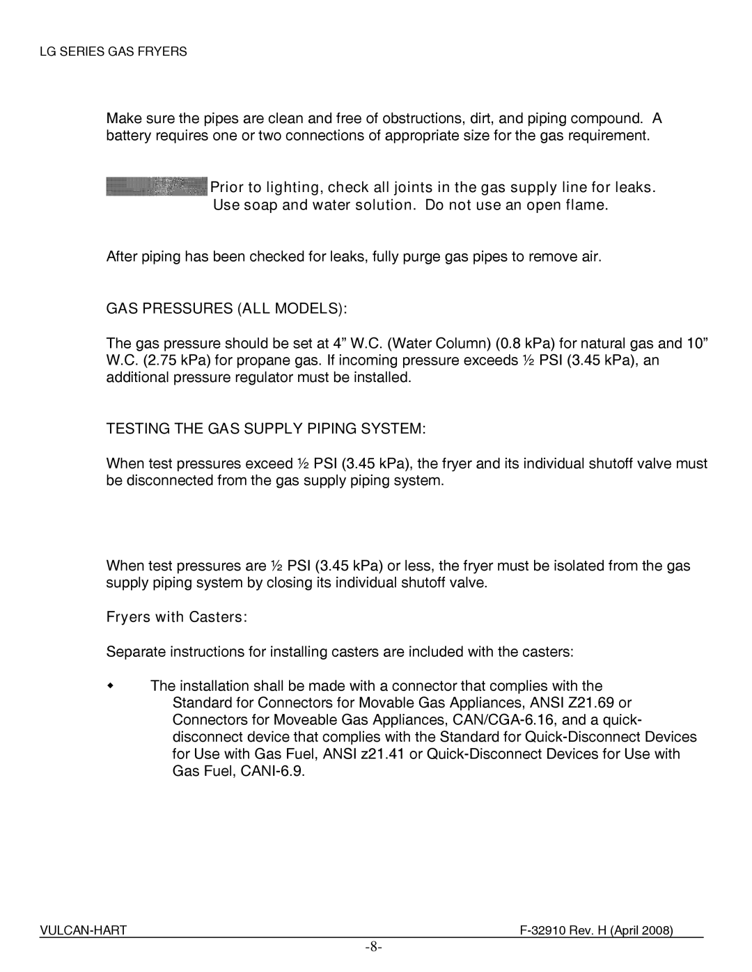 Vulcan-Hart LG400, LG500, LG300 manual GAS Pressures ALL Models, Fryers with Casters 