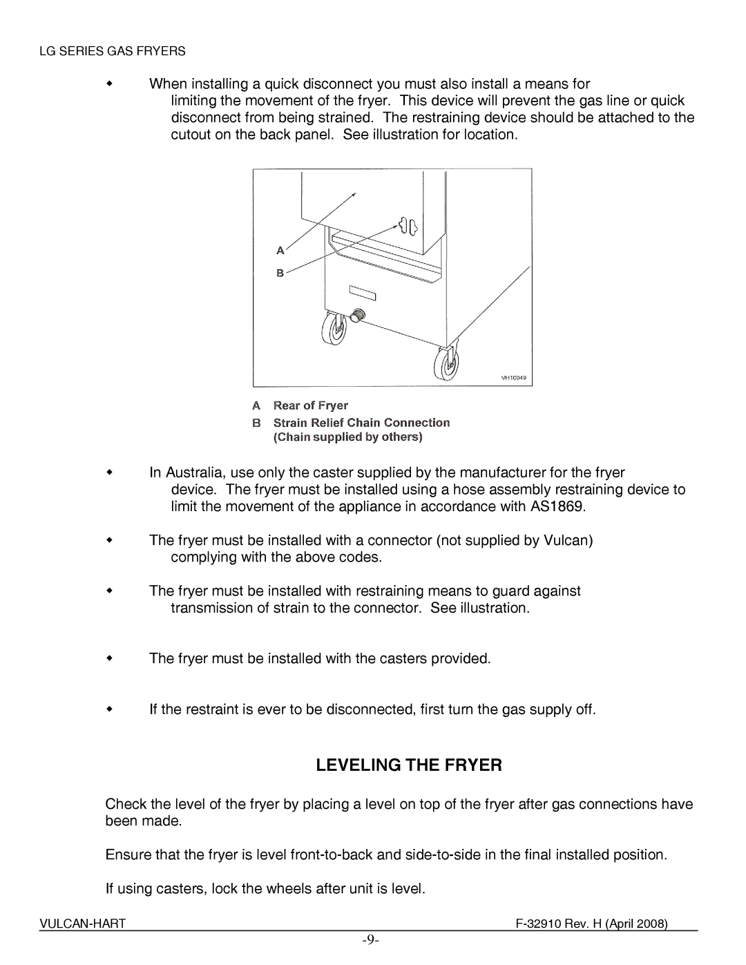 Vulcan-Hart LG500, LG300, LG400 manual Leveling the Fryer 