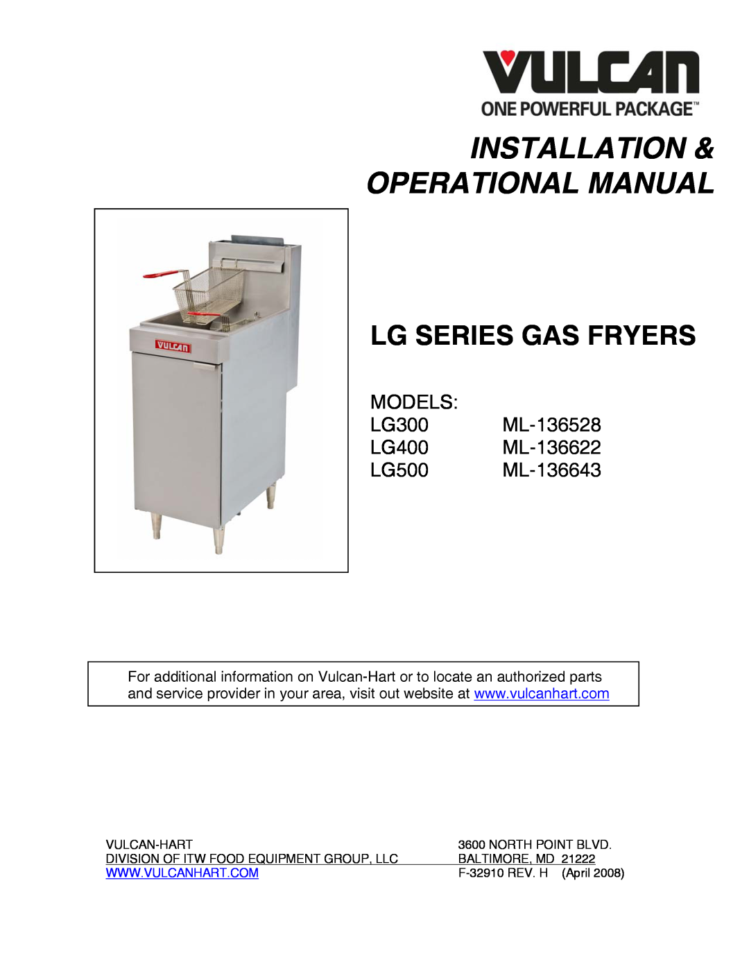 Vulcan-Hart LG300, LG500, LG400 manual Installation Operational Manual, Lg Series Gas Fryers 