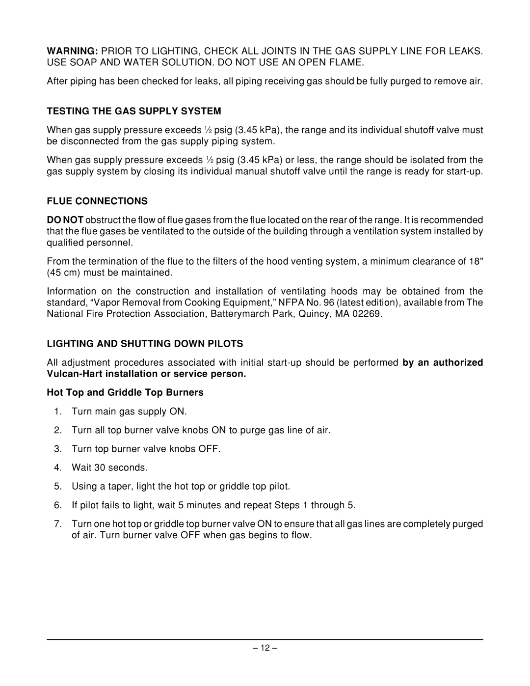 Vulcan-Hart MG12 ML-52549 Testing the GAS Supply System, Flue Connections, Lighting and Shutting Down Pilots 