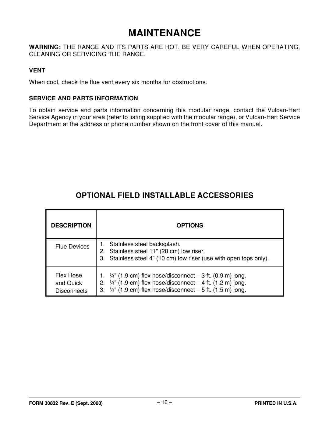 Vulcan-Hart MG60 ML-52524, MG48 ML-52523 Maintenance, Vent, Service and Parts Information, Description Options 