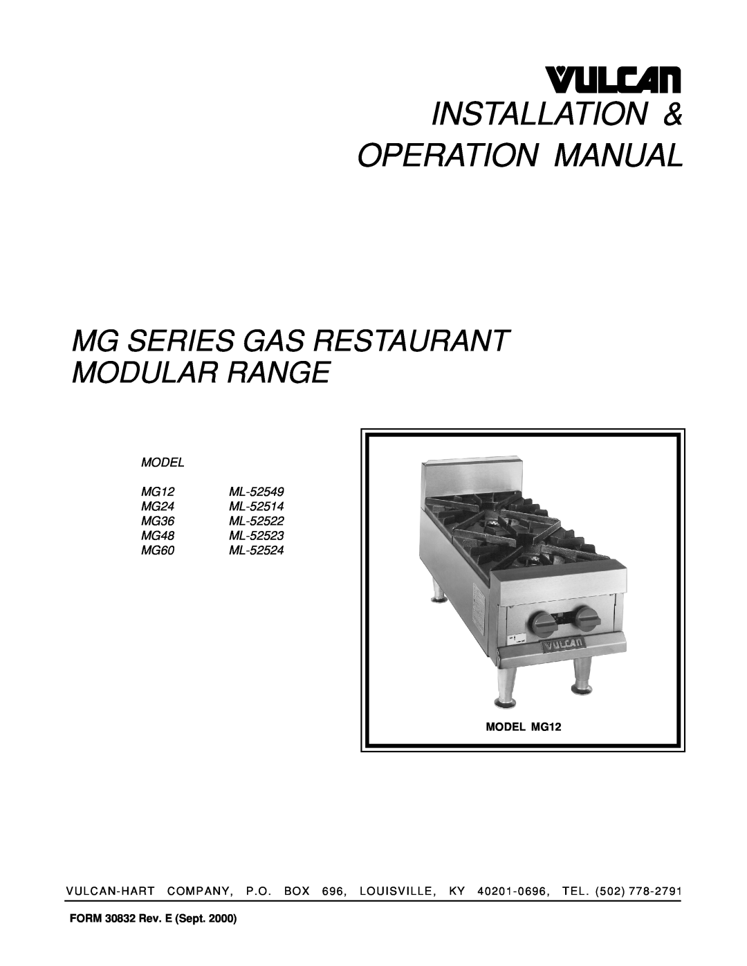 Vulcan-Hart MG60 ML-52524 operation manual Mg Series Gas Restaurant Modular Range, MG48ML-52523 MG60ML-52524, MODEL MG12 
