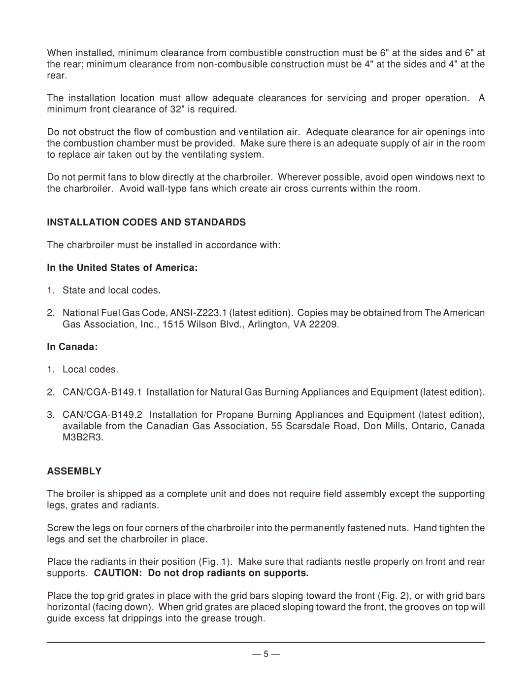 Vulcan-Hart MGCB24, MGCB34, MGCB29, MGCB18 Installation Codes and Standards, United States of America, Canada, Assembly 