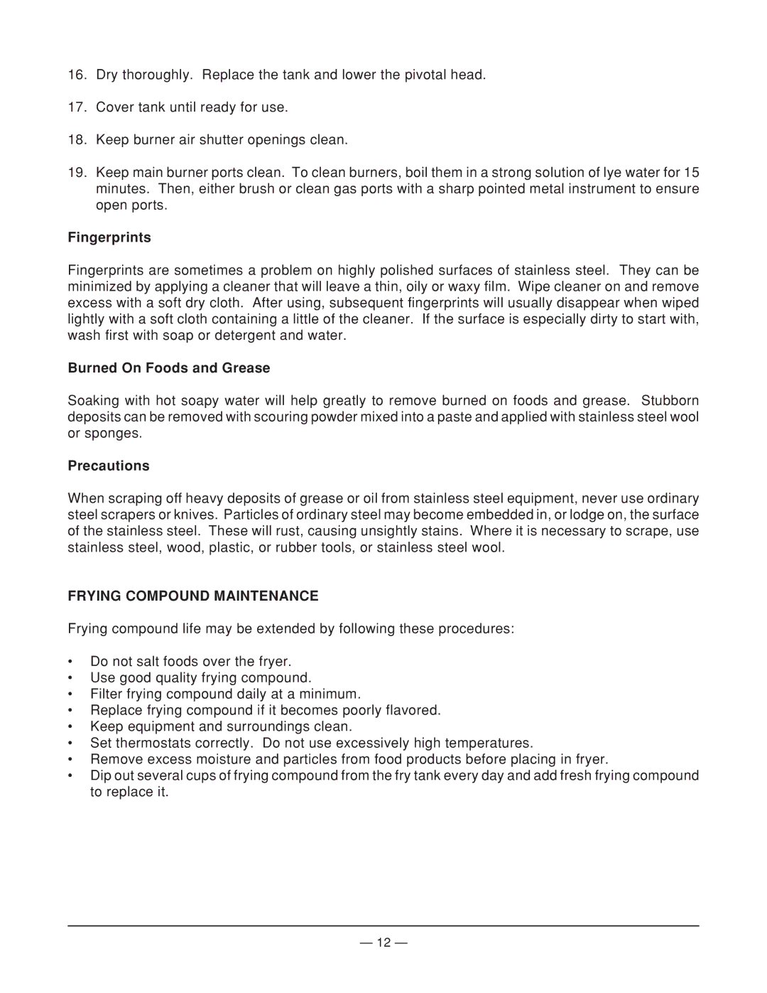 Vulcan-Hart MGF24 operation manual Fingerprints, Burned On Foods and Grease, Precautions, Frying Compound Maintenance 