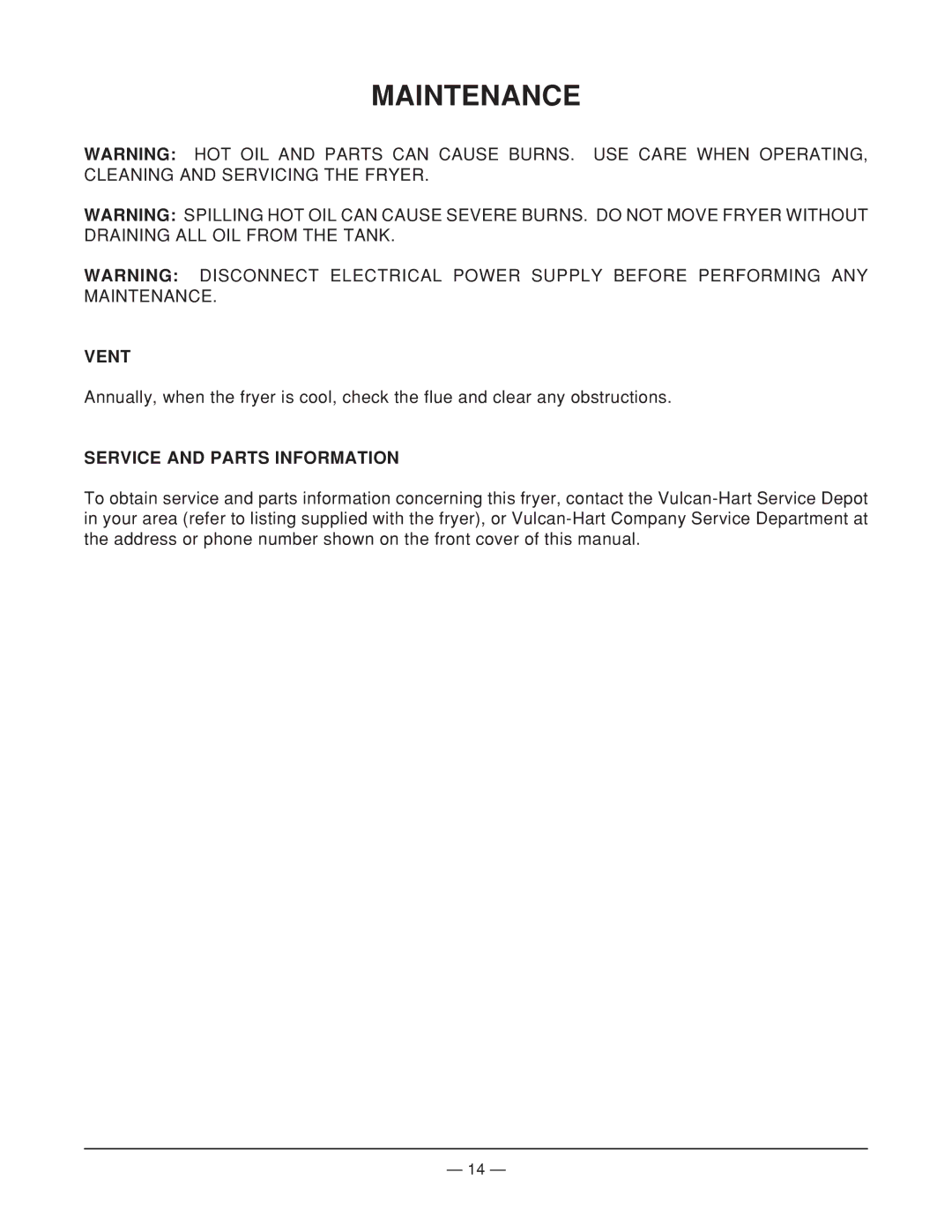 Vulcan-Hart MGF24 operation manual Maintenance, Vent, Service and Parts Information 