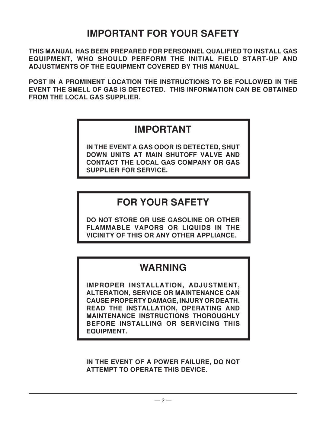 Vulcan-Hart MGF24 operation manual Important for Your Safety, For Your Safety 