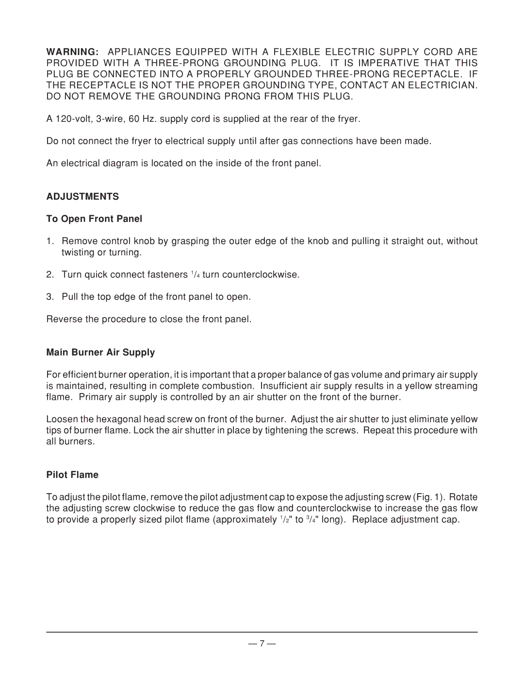 Vulcan-Hart MGF24 operation manual Adjustments, To Open Front Panel, Main Burner Air Supply, Pilot Flame 