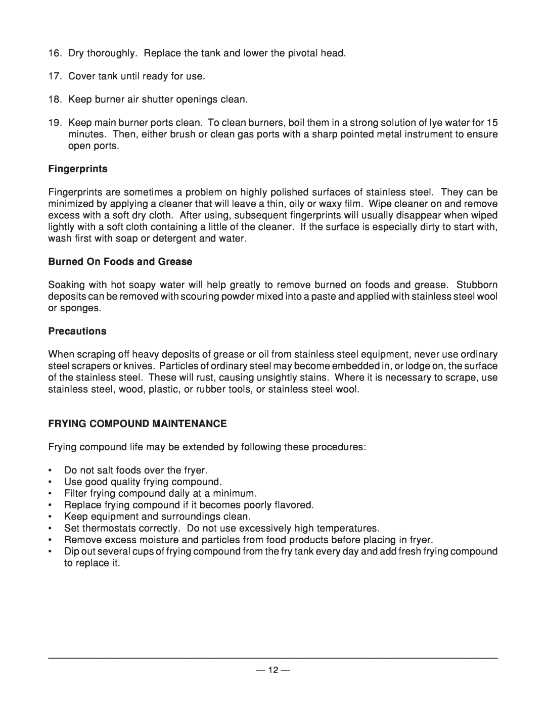 Vulcan-Hart MGF24 operation manual Fingerprints, Burned On Foods and Grease, Precautions, Frying Compound Maintenance 