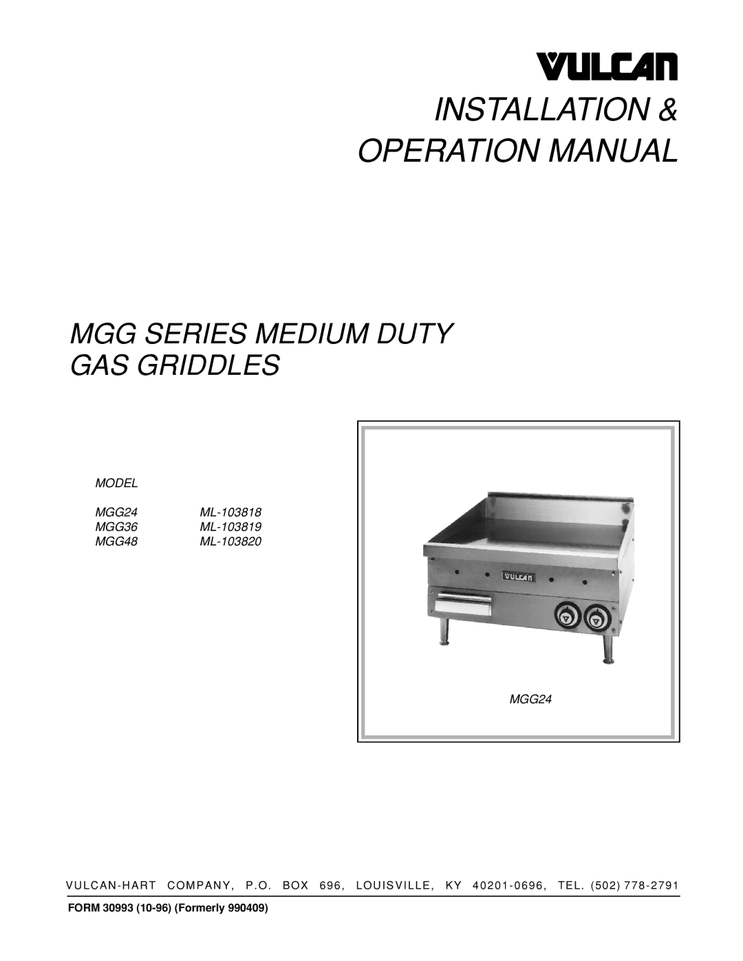 Vulcan-Hart MGG24 operation manual Installation 