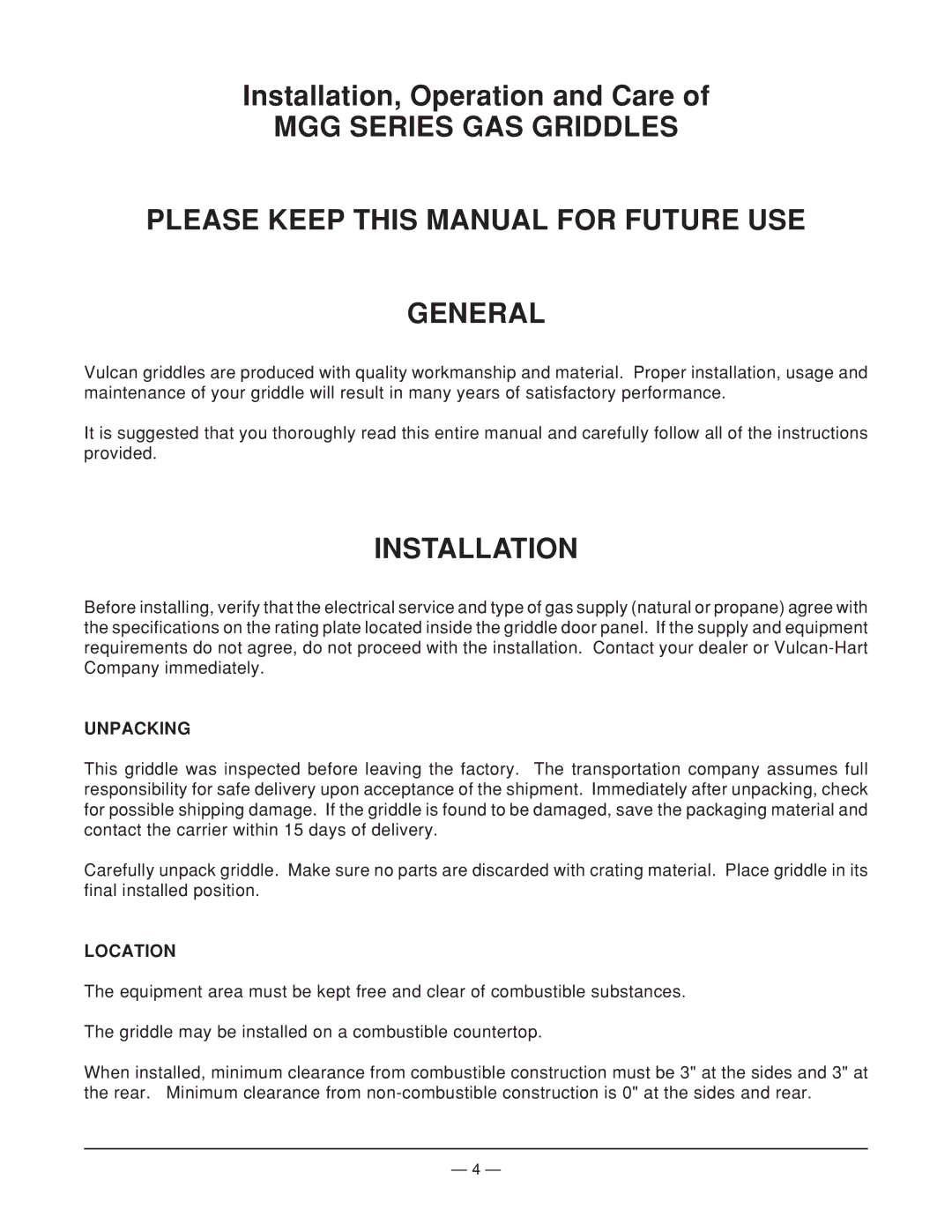 Vulcan-Hart MGG24 operation manual Installation, Unpacking, Location 