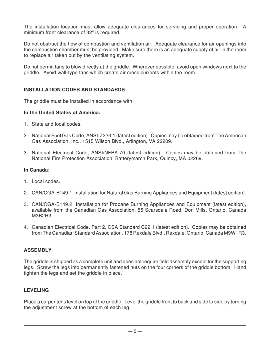 Vulcan-Hart MGG24 operation manual Installation Codes and Standards, United States of America, Canada, Assembly, Leveling 