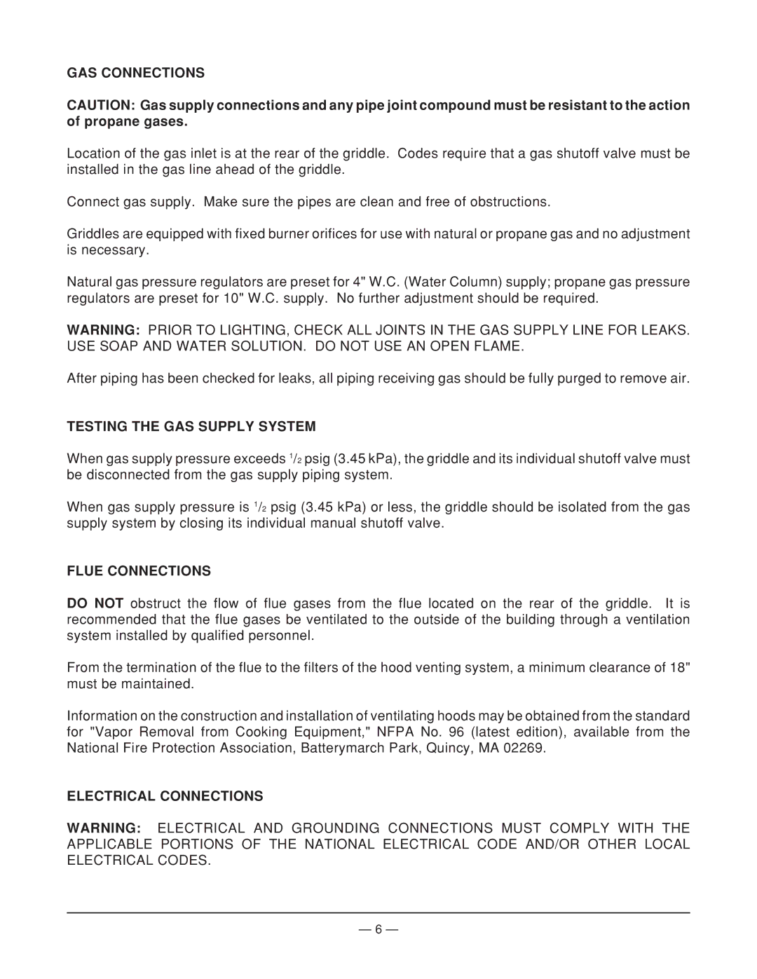 Vulcan-Hart MGG24 operation manual GAS Connections, Testing the GAS Supply System, Flue Connections, Electrical Connections 