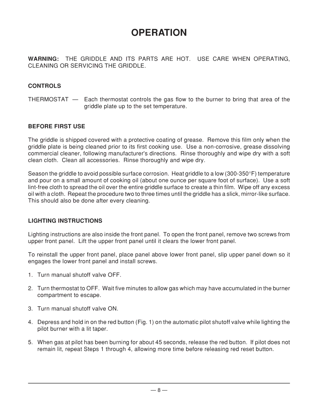 Vulcan-Hart MGG24 operation manual Operation, Controls, Before First USE, Lighting Instructions 