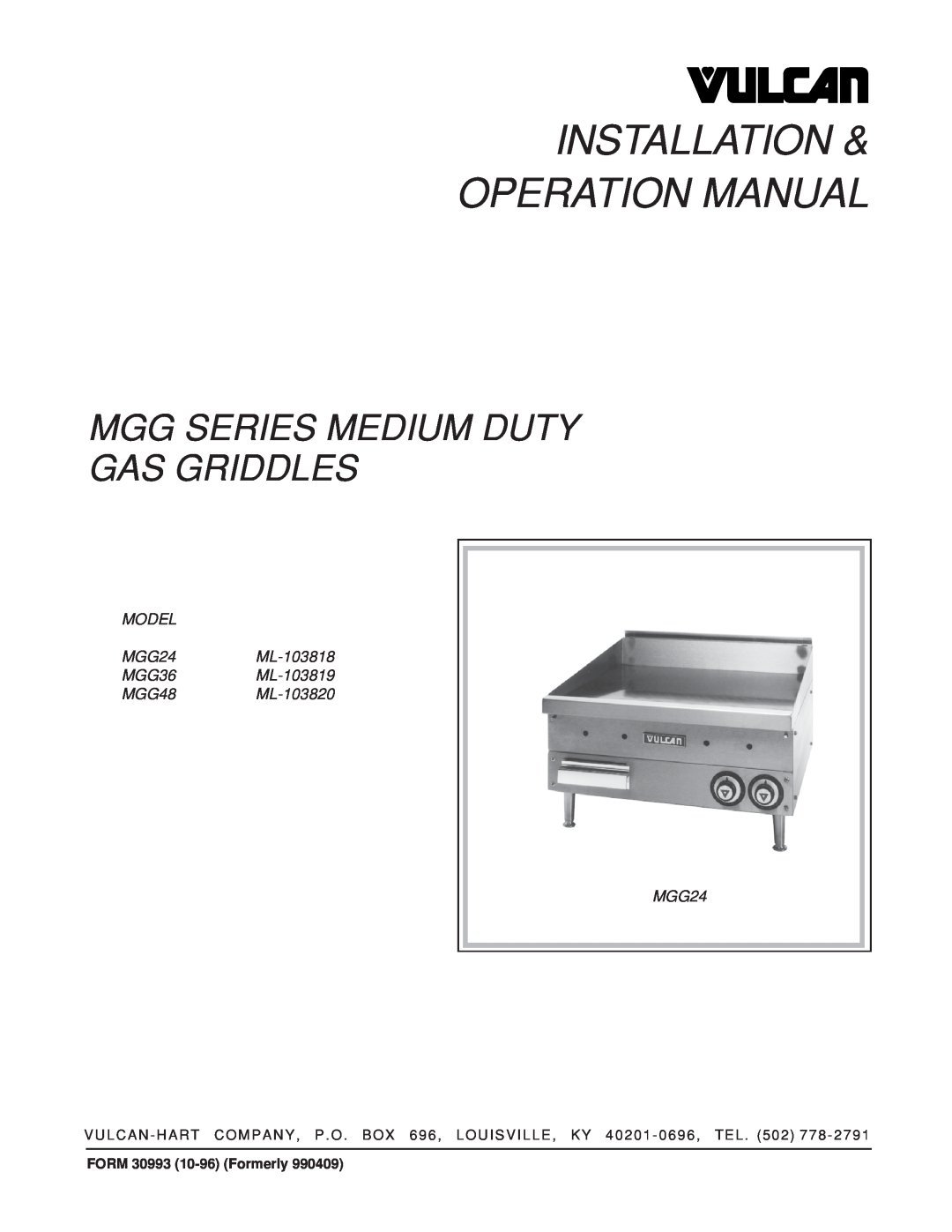 Vulcan-Hart operation manual Mgg Series Medium Duty Gas Griddles, MODEL MGG24ML-103818 MGG36ML-103819 