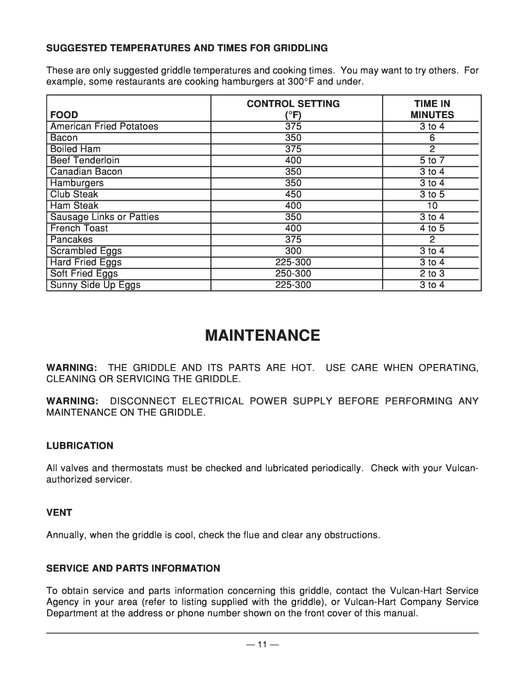 Vulcan-Hart MGG24 Maintenance, Suggested Temperatures And Times For Griddling, Control Setting, Time In, Food, Lubrication 