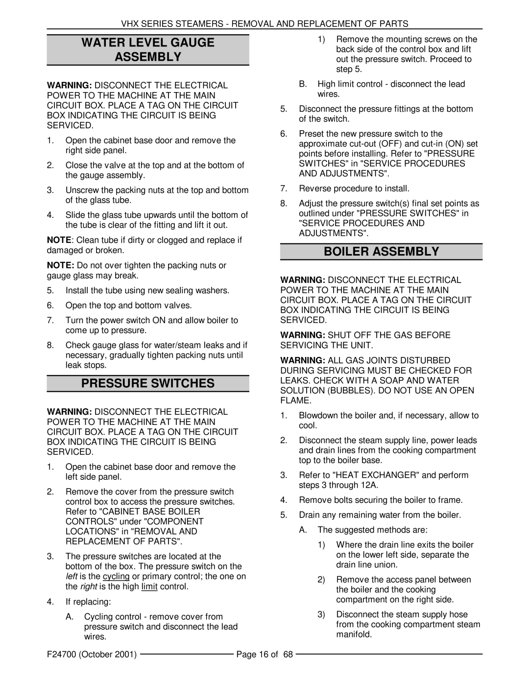 Vulcan-Hart MHB24G, VHX24G5 manual Water Level Gauge Assembly, Pressure Switches, Boiler Assembly 