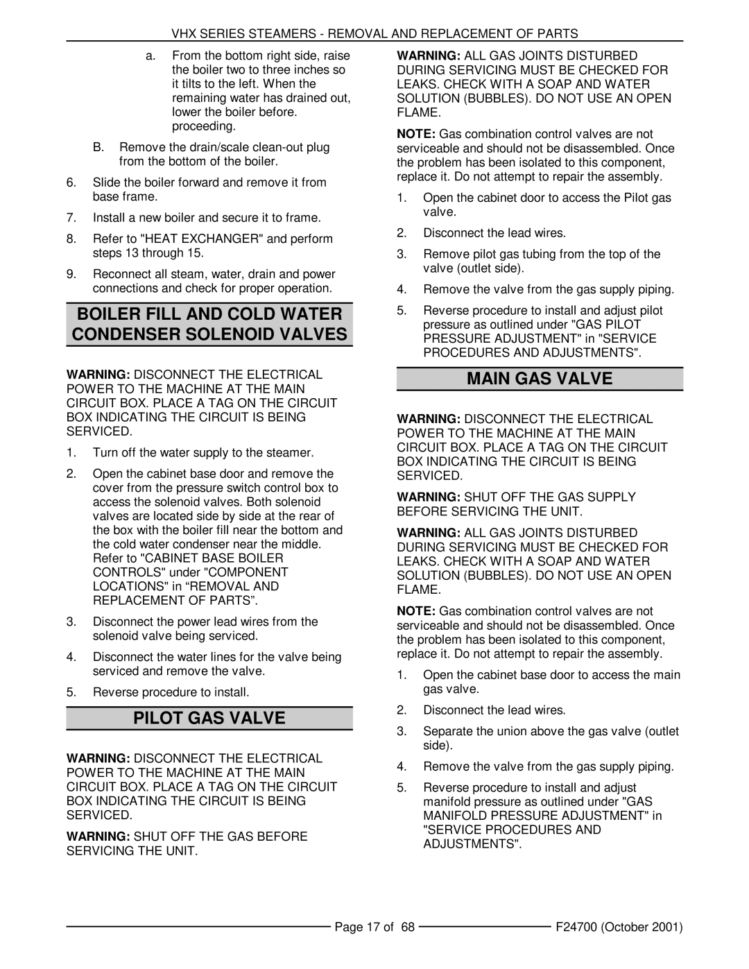 Vulcan-Hart VHX24G5, MHB24G manual Pilot GAS Valve Main GAS Valve, Boiler Fill and Cold Water Condenser Solenoid Valves 
