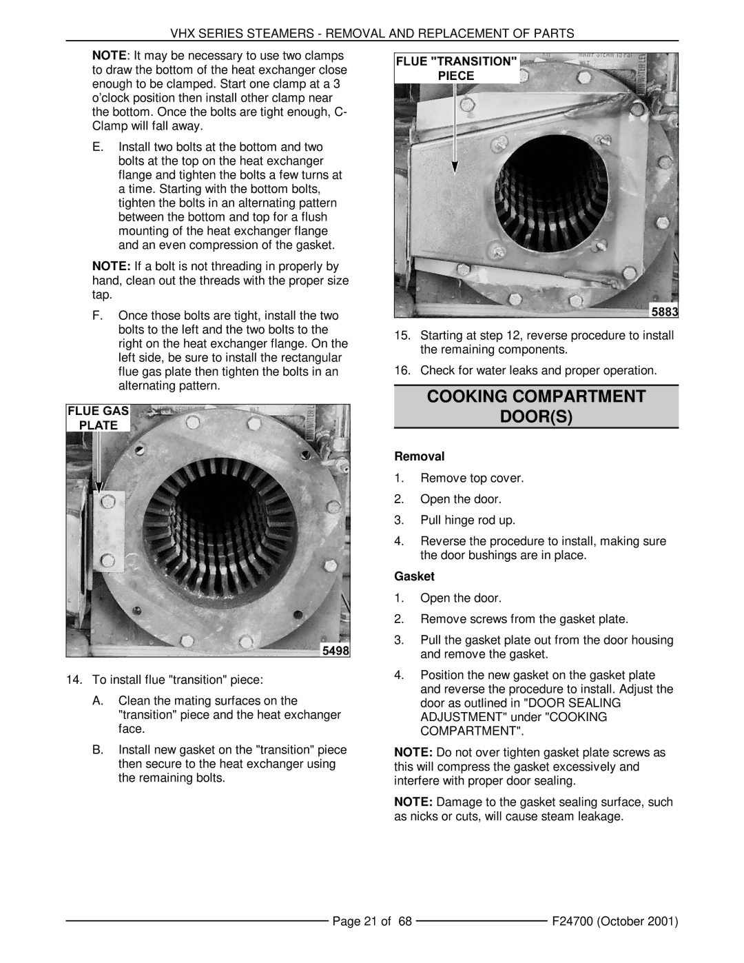 Vulcan-Hart MHB24G, VHX24G5 manual Cooking Compartment Doors, Removal, Gasket 