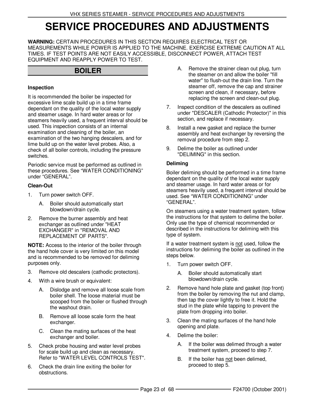 Vulcan-Hart VHX24G5, MHB24G manual Service Procedures and Adjustments, Boiler, Inspection, Clean-Out, Deliming 