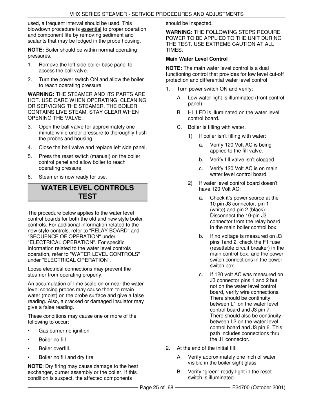 Vulcan-Hart MHB24G, VHX24G5 manual Water Level Controls, Test 